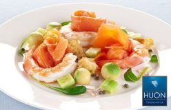 Huon cold smoked salmon with avocado and prawns